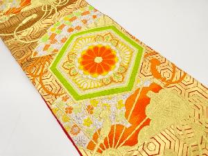 アンティーク　亀甲に菊・桧扇模様織り出し袋帯（着用可）